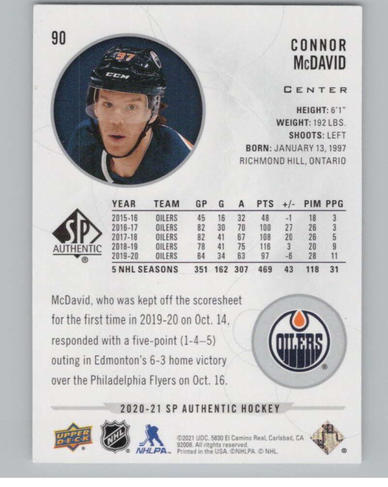 2020-21 SP Authentic #90 Connor McDavid  Edmonton Oilers  V99883 Image 2