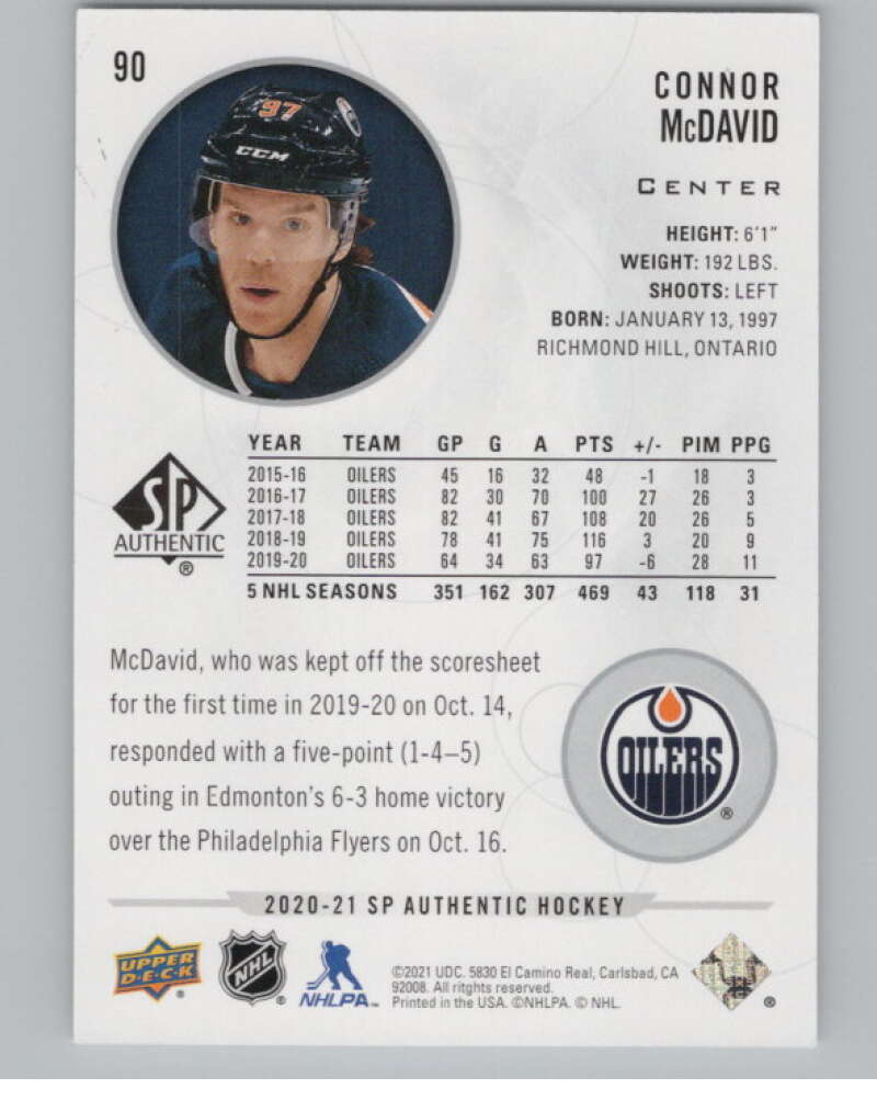 2020-21 SP Authentic #90 Connor McDavid  Edmonton Oilers  V99884 Image 2