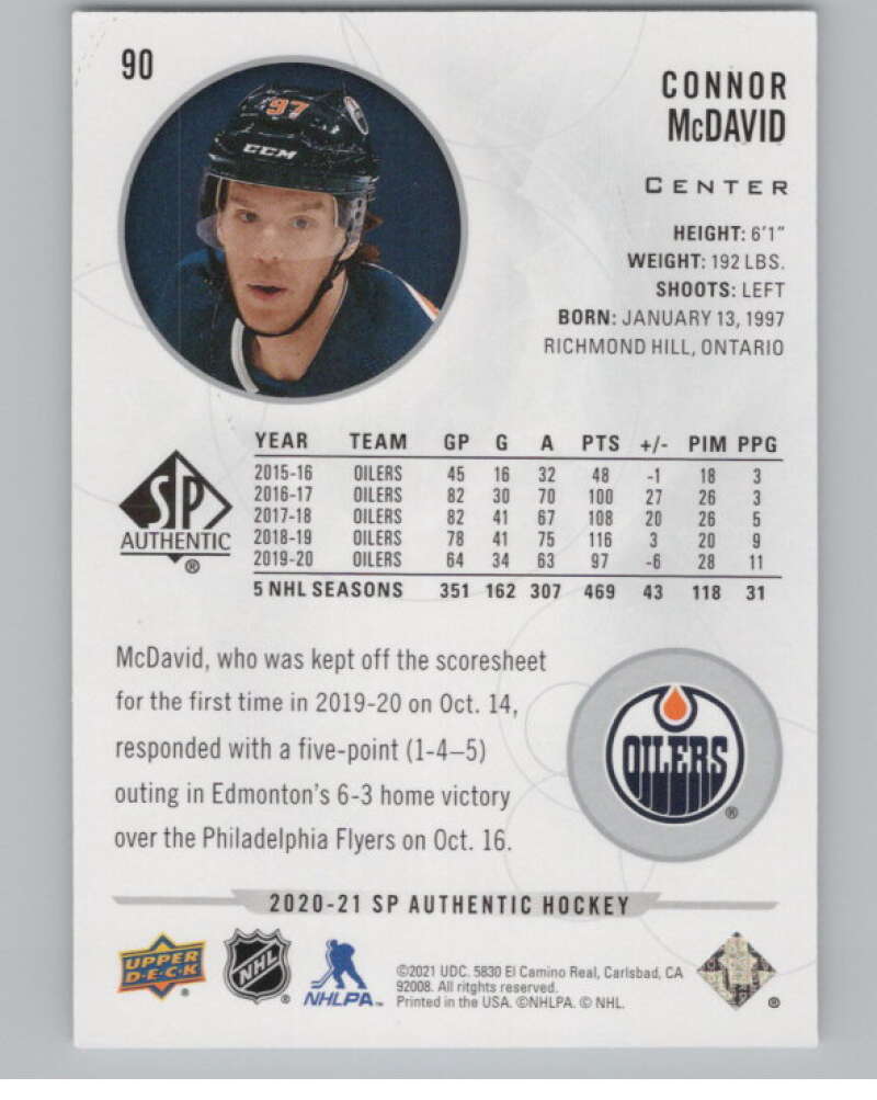 2020-21 SP Authentic #90 Connor McDavid  Edmonton Oilers  V99885 Image 2