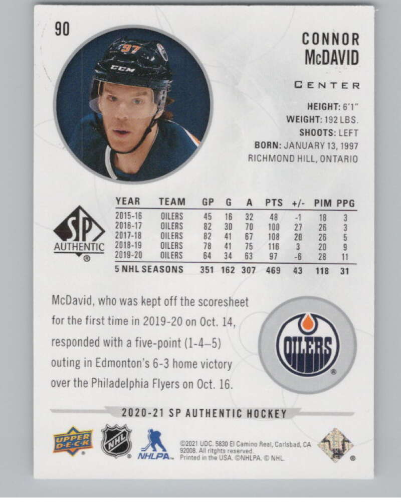2020-21 SP Authentic #90 Connor McDavid  Edmonton Oilers  V99887 Image 2