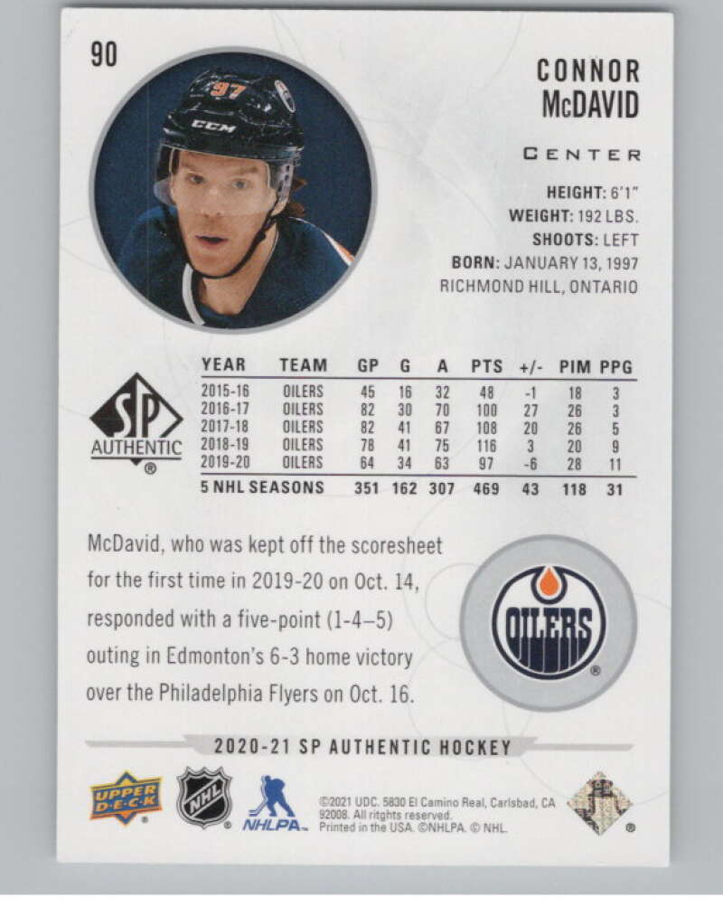 2020-21 SP Authentic #90 Connor McDavid  Edmonton Oilers  V99889 Image 2