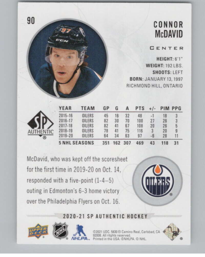 2020-21 SP Authentic #90 Connor McDavid  Edmonton Oilers  V99890 Image 2