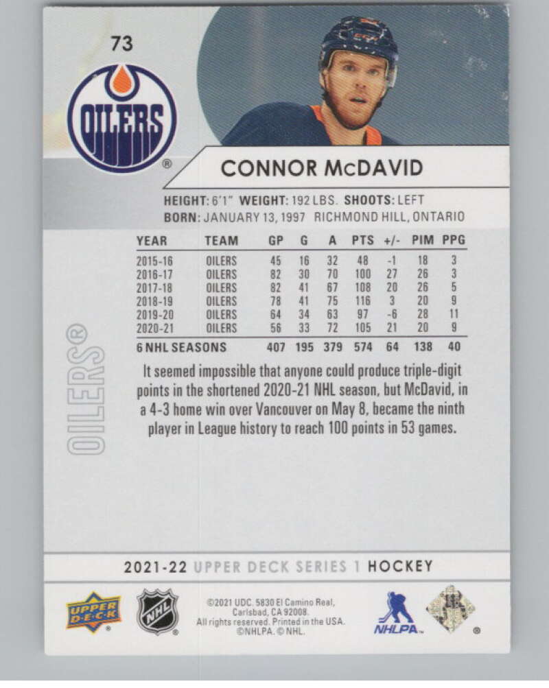 2021-22 Upper Deck #73 Connor McDavid  Edmonton Oilers  V99966 Image 2