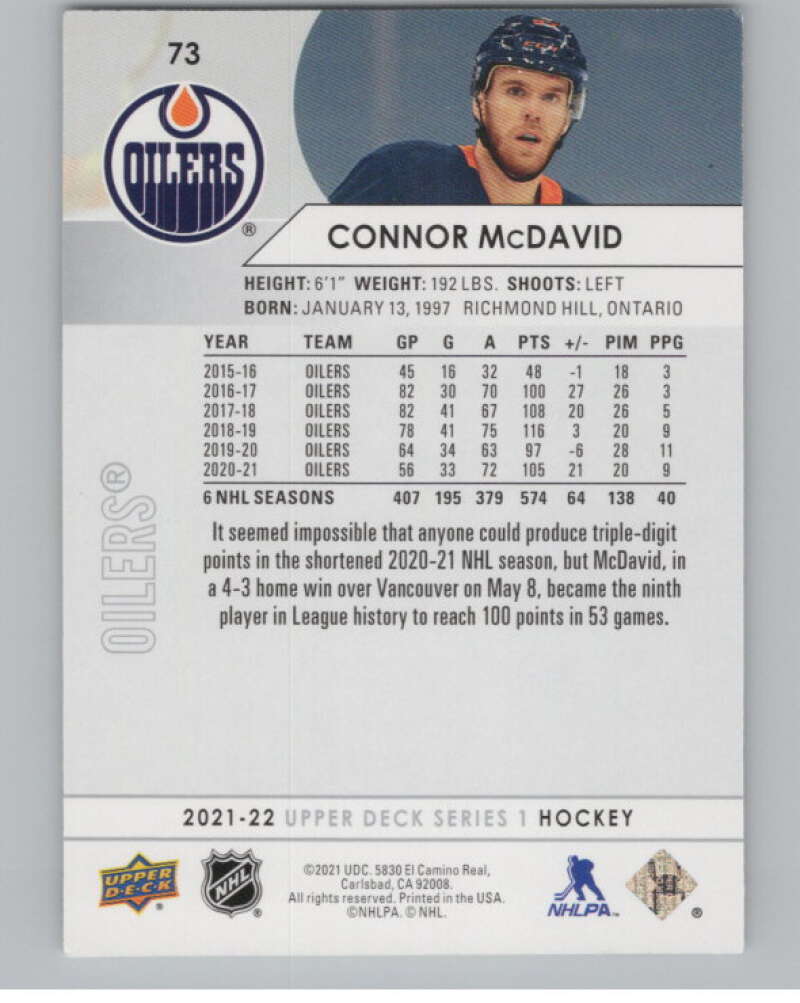 2021-22 Upper Deck #73 Connor McDavid  Edmonton Oilers  V99967 Image 2