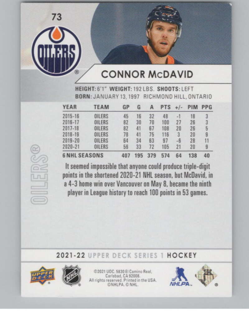 2021-22 Upper Deck #73 Connor McDavid  Edmonton Oilers  V99969 Image 2