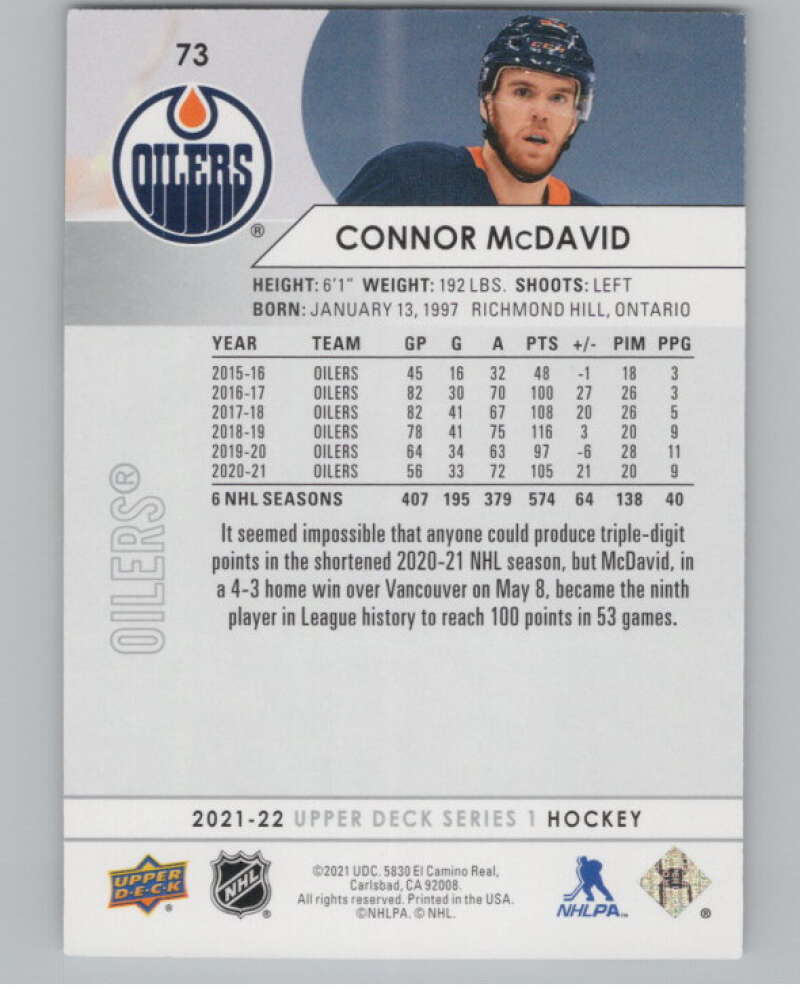 2021-22 Upper Deck #73 Connor McDavid  Edmonton Oilers  V99976 Image 2