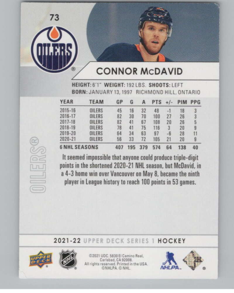 2021-22 Upper Deck #73 Connor McDavid  Edmonton Oilers  V99977 Image 2