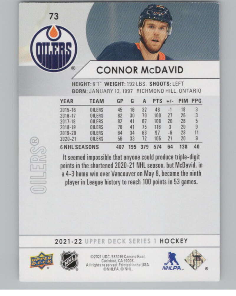 2021-22 Upper Deck #73 Connor McDavid  Edmonton Oilers  V99981 Image 2