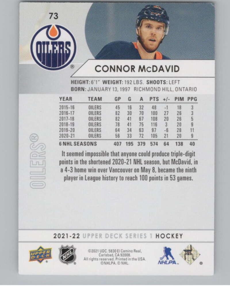 2021-22 Upper Deck #73 Connor McDavid  Edmonton Oilers  V99983 Image 2