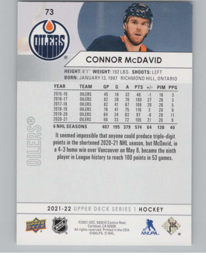 2021-22 Upper Deck #73 Connor McDavid  Edmonton Oilers  V99984 Image 2