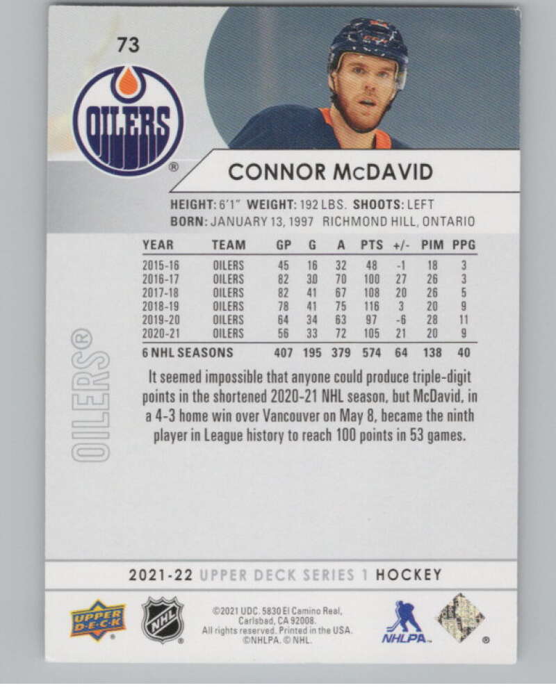 2021-22 Upper Deck #73 Connor McDavid  Edmonton Oilers  V99986 Image 2
