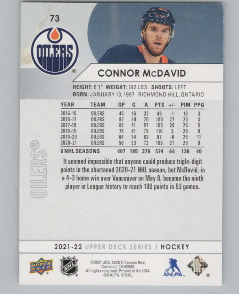 2021-22 Upper Deck #73 Connor McDavid  Edmonton Oilers  V99988 Image 2
