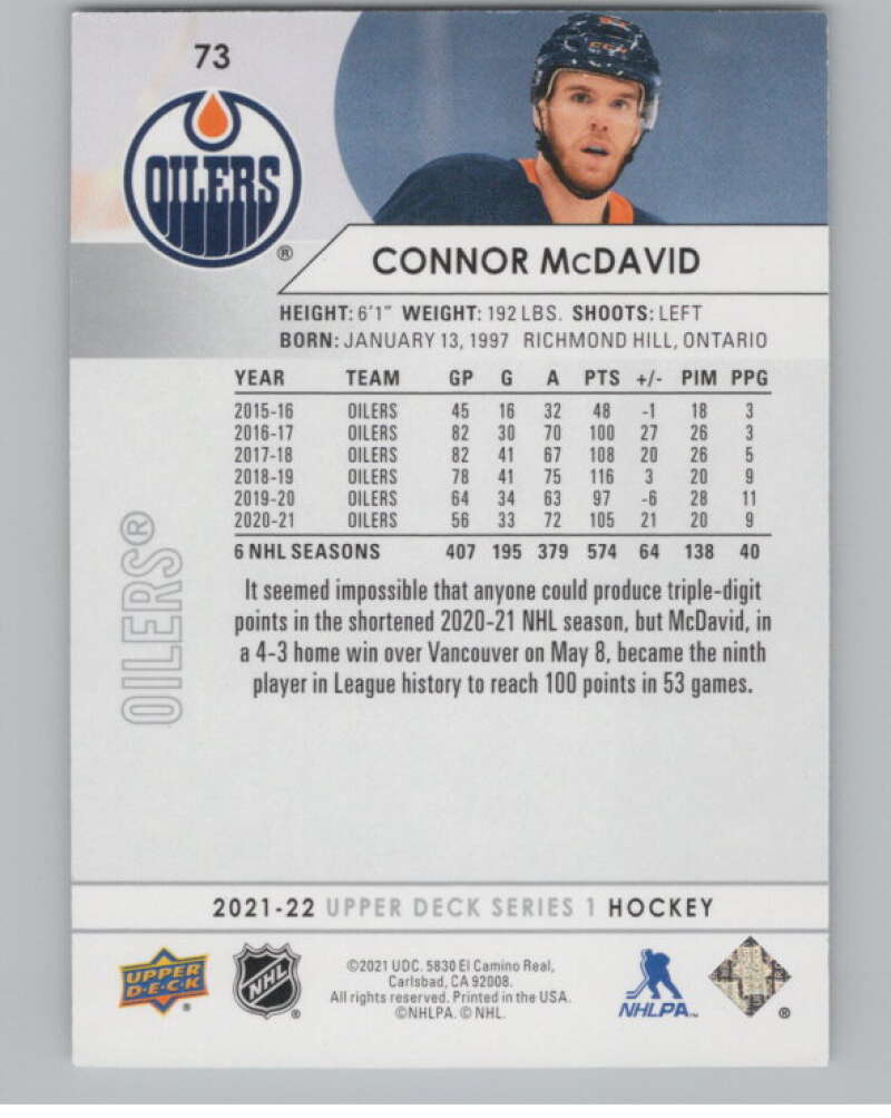 2021-22 Upper Deck #73 Connor McDavid  Edmonton Oilers  V99993 Image 2