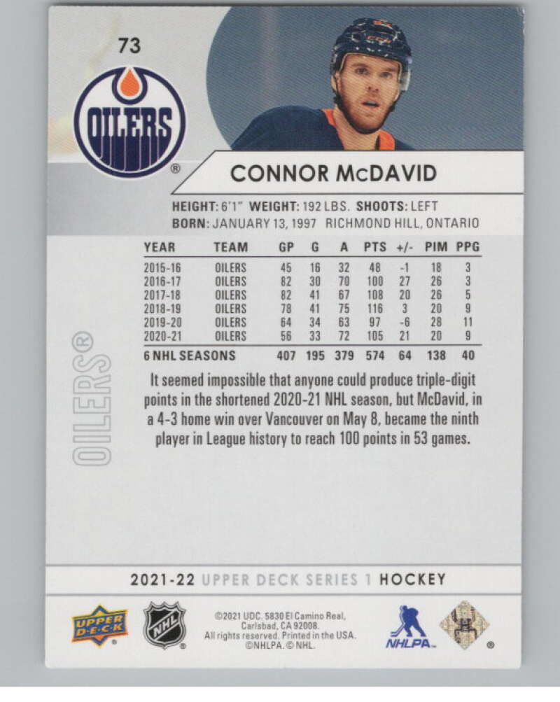2021-22 Upper Deck #73 Connor McDavid  Edmonton Oilers  V99995 Image 2