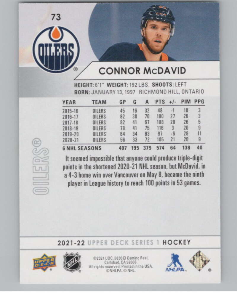 2021-22 Upper Deck #73 Connor McDavid  Edmonton Oilers  V99999 Image 2