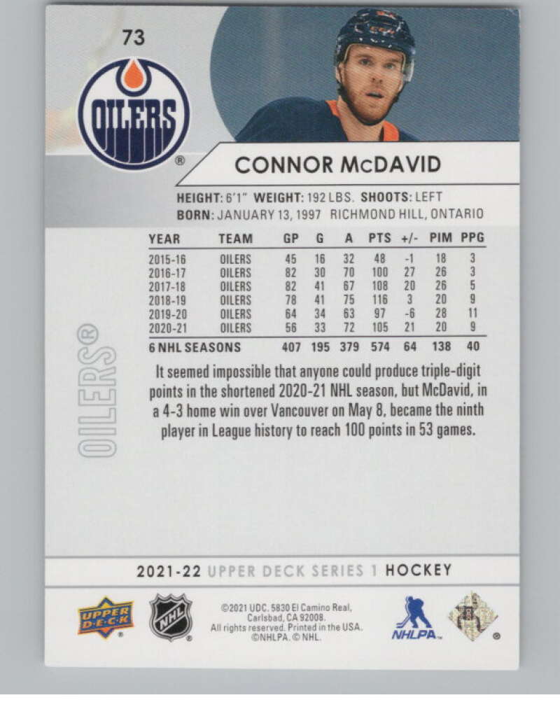 2021-22 Upper Deck #73 Connor McDavid  Edmonton Oilers  V100000 Image 2