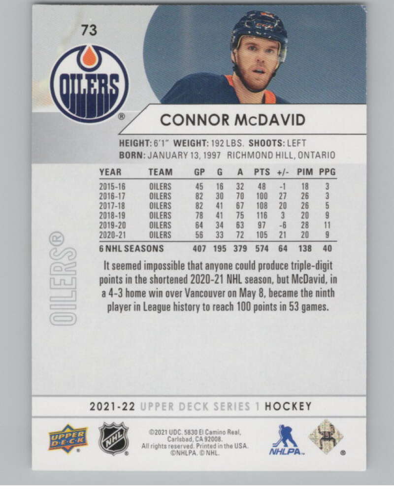 2021-22 Upper Deck #73 Connor McDavid  Edmonton Oilers  V100001 Image 2