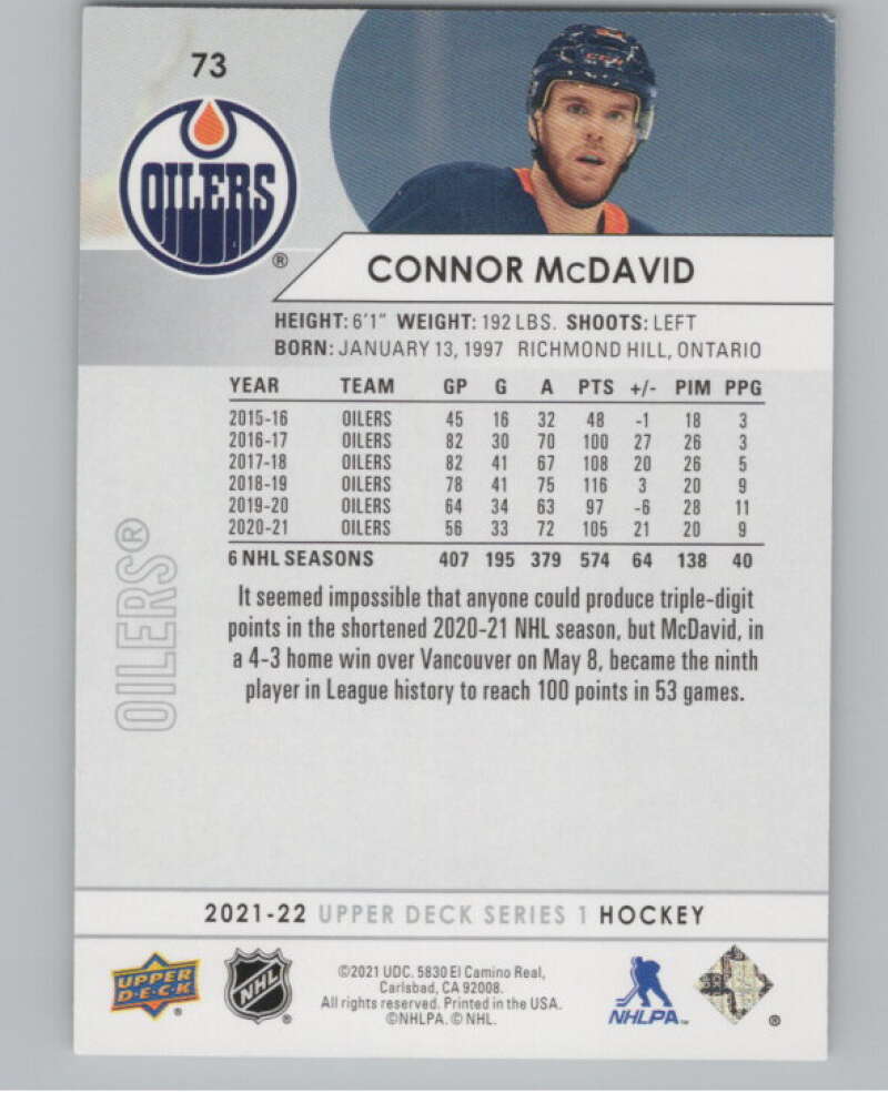 2021-22 Upper Deck #73 Connor McDavid  Edmonton Oilers  V100002 Image 2