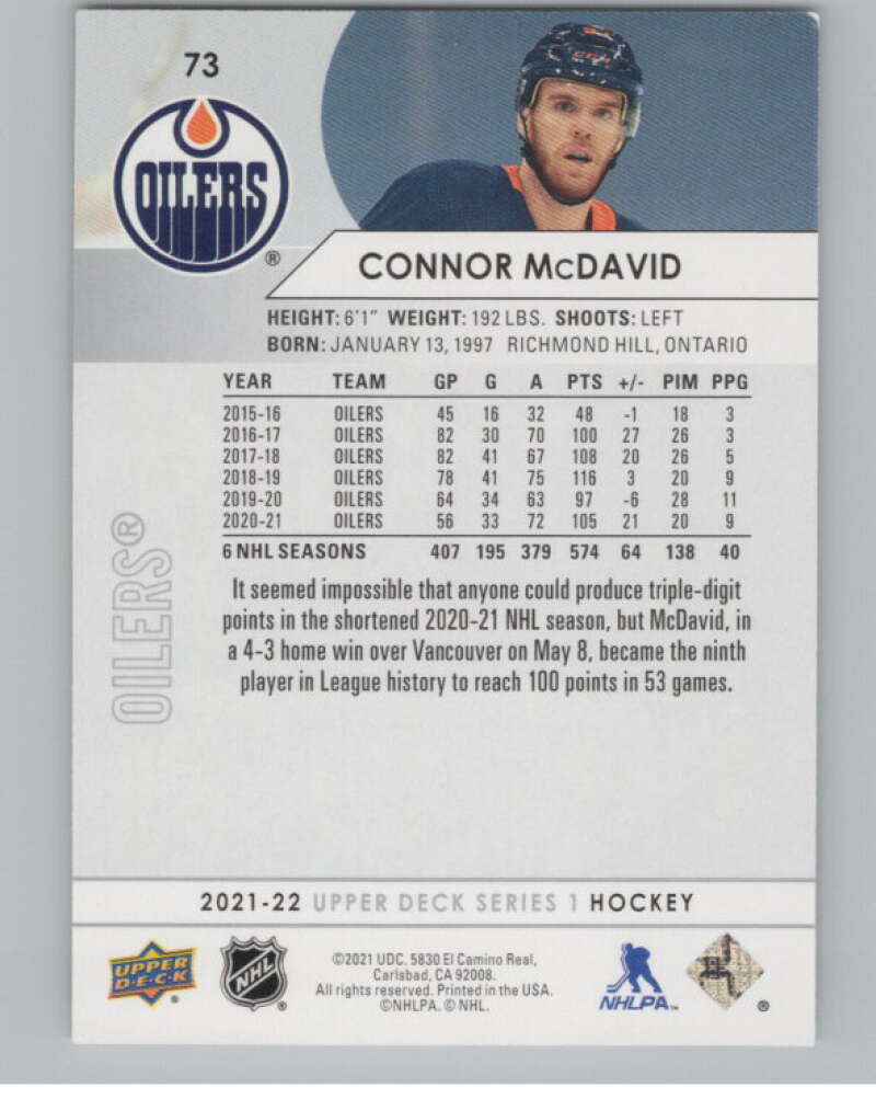 2021-22 Upper Deck #73 Connor McDavid  Edmonton Oilers  V100003 Image 2