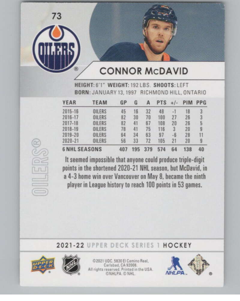 2021-22 Upper Deck #73 Connor McDavid  Edmonton Oilers  V100004 Image 2