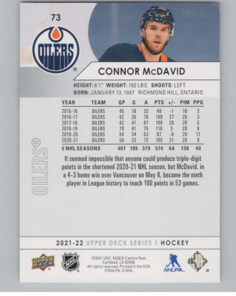 2021-22 Upper Deck #73 Connor McDavid  Edmonton Oilers  V100006 Image 2