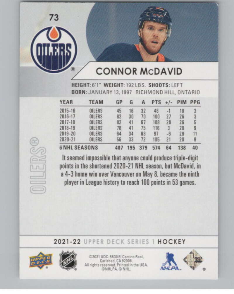 2021-22 Upper Deck #73 Connor McDavid  Edmonton Oilers  V100008 Image 2