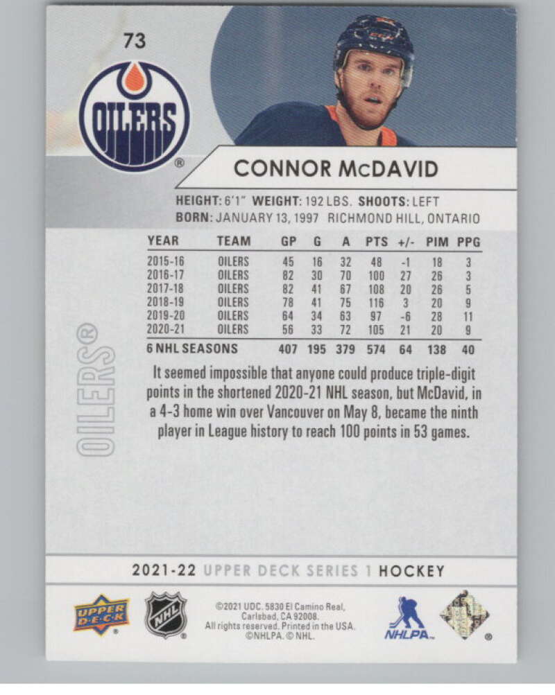 2021-22 Upper Deck #73 Connor McDavid  Edmonton Oilers  V100010 Image 2