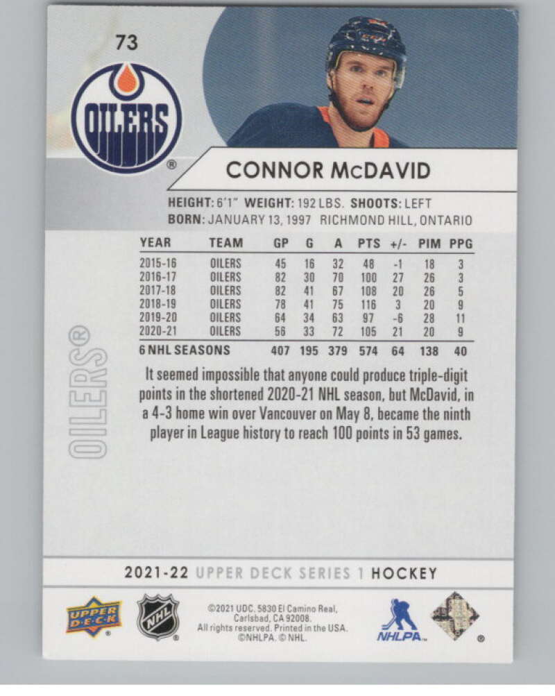 2021-22 Upper Deck #73 Connor McDavid  Edmonton Oilers  V100011 Image 2