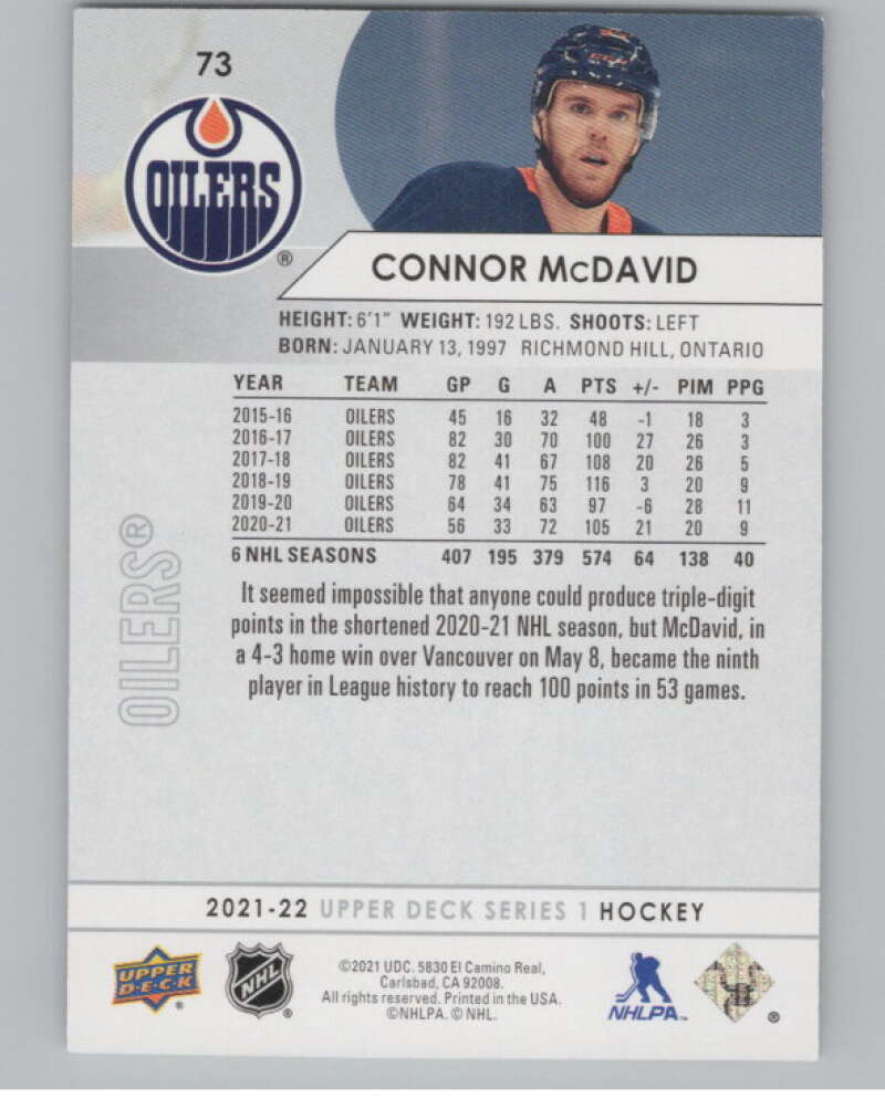 2021-22 Upper Deck #73 Connor McDavid  Edmonton Oilers  V100012 Image 2
