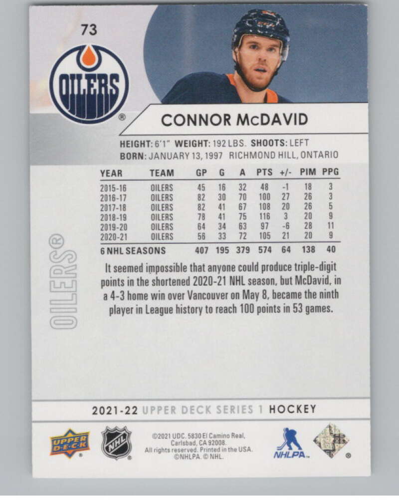 2021-22 Upper Deck #73 Connor McDavid  Edmonton Oilers  V100013 Image 2
