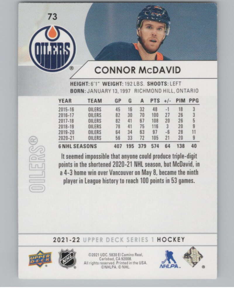 2021-22 Upper Deck #73 Connor McDavid  Edmonton Oilers  V100014 Image 2
