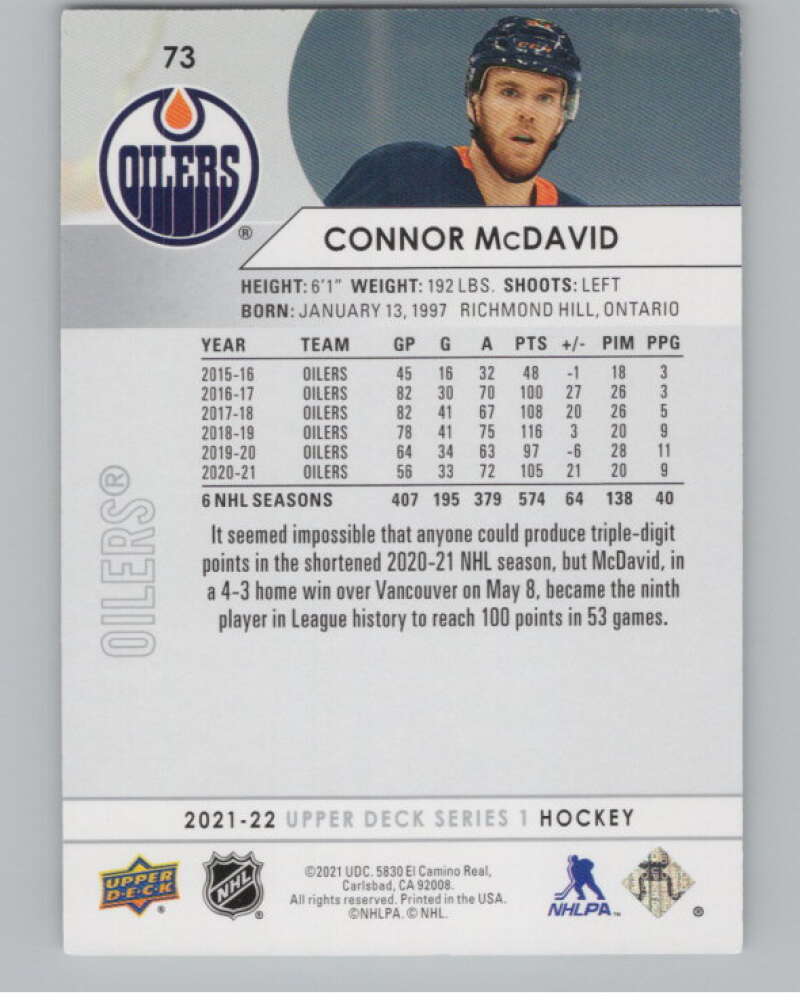 2021-22 Upper Deck #73 Connor McDavid  Edmonton Oilers  V100015 Image 2