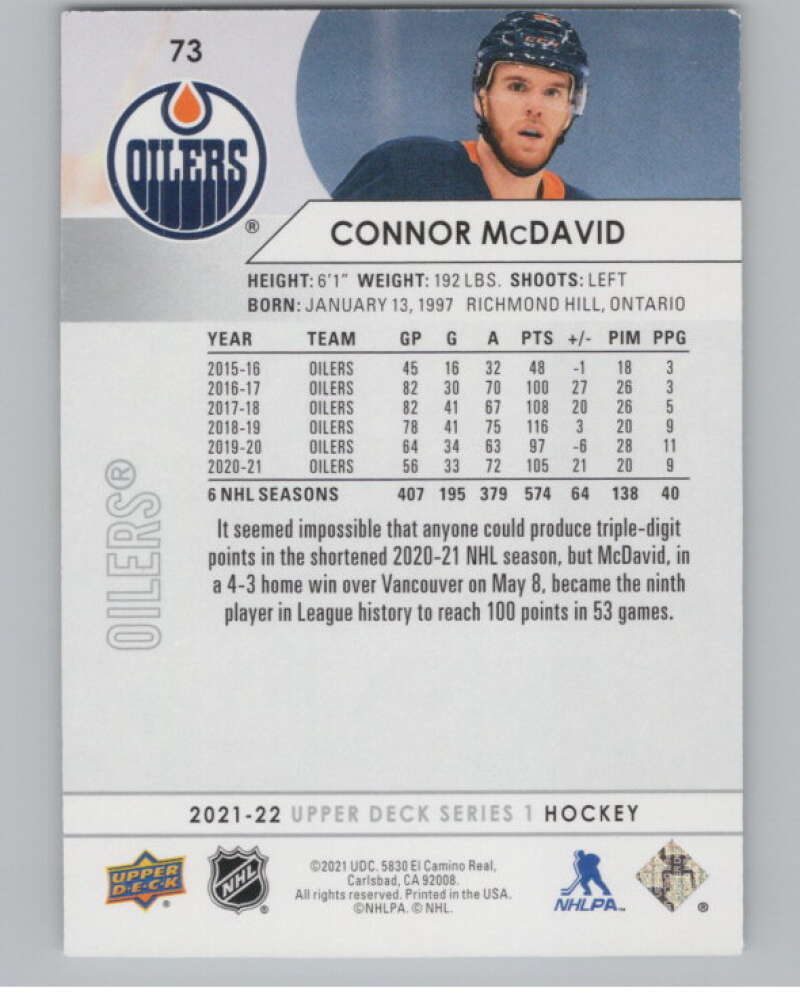 2021-22 Upper Deck #73 Connor McDavid  Edmonton Oilers  V100016 Image 2