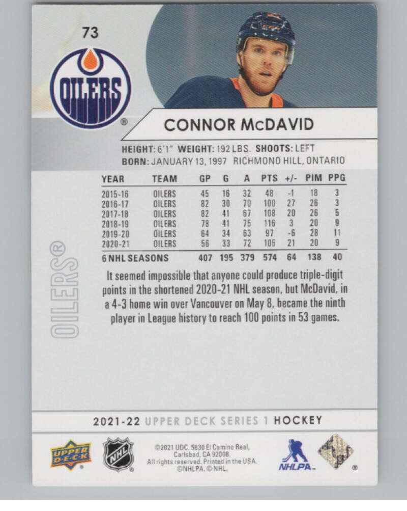 2021-22 Upper Deck #73 Connor McDavid  Edmonton Oilers  V100017 Image 2