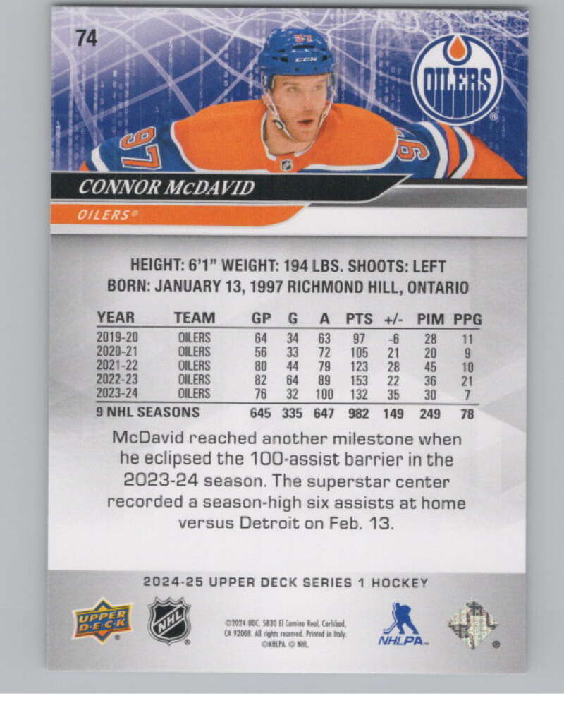 2024-25 Upper Deck #74 Connor McDavid  Edmonton Oilers  V100115 Image 2