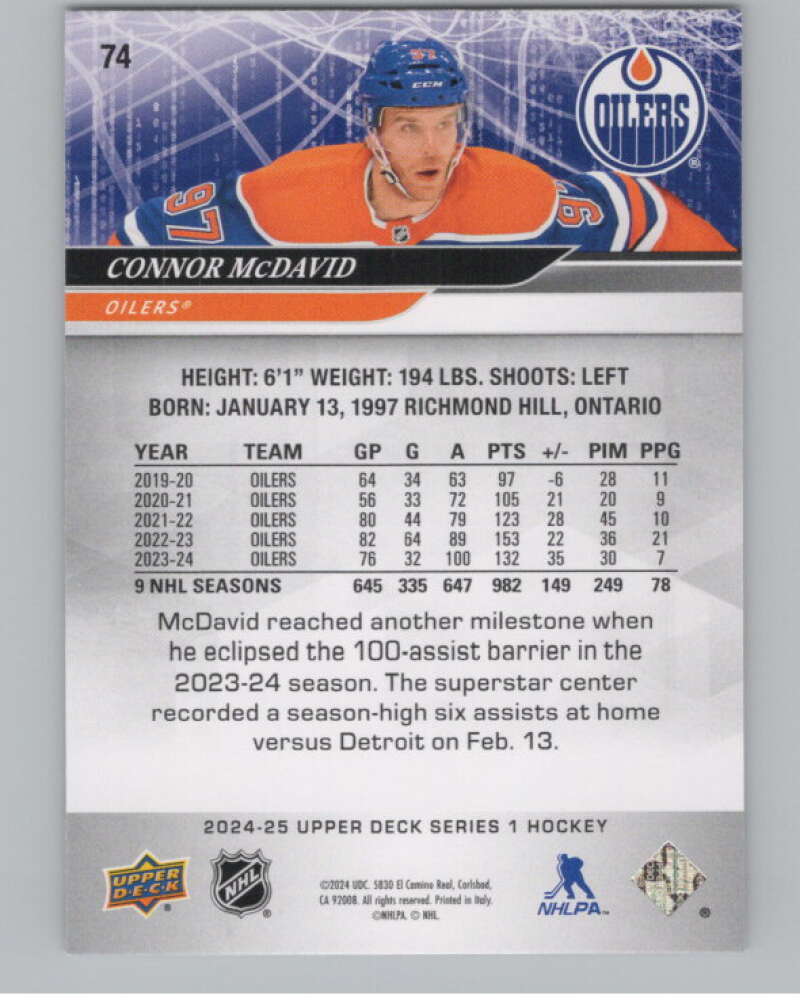 2024-25 Upper Deck #74 Connor McDavid  Edmonton Oilers  V100121 Image 2