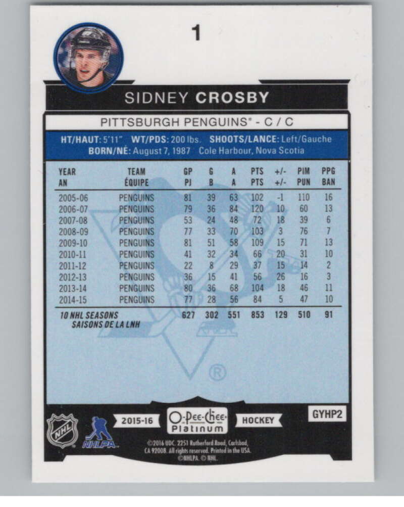 2015-16 O-Pee-Chee Platinum #1 Sidney Crosby  Pittsburgh Penguins  V100123 Image 2