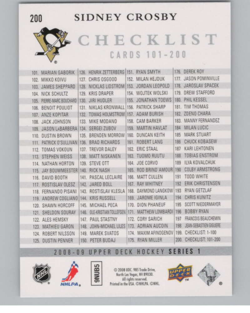 2008-09 Upper Deck #200 Sidney Crosby Check List  Pittsburgh Penguins  V100125 Image 2