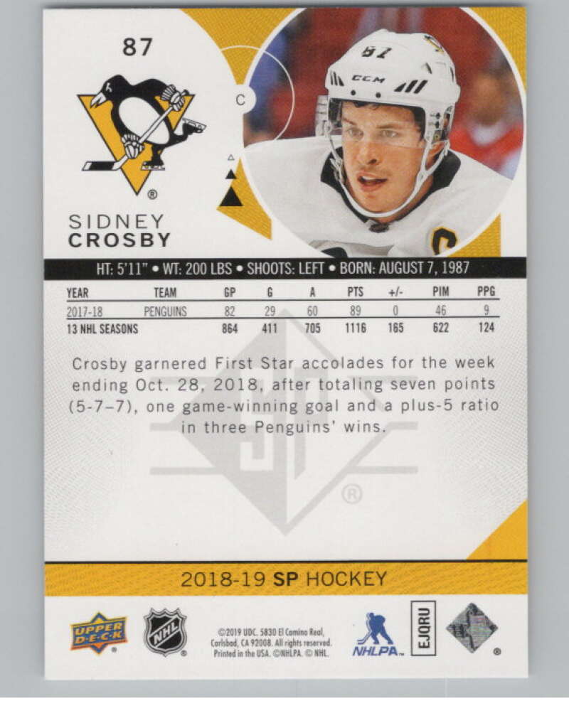 2018-19 SP #87 Sidney Crosby  Pittsburgh Penguins  V100126 Image 2