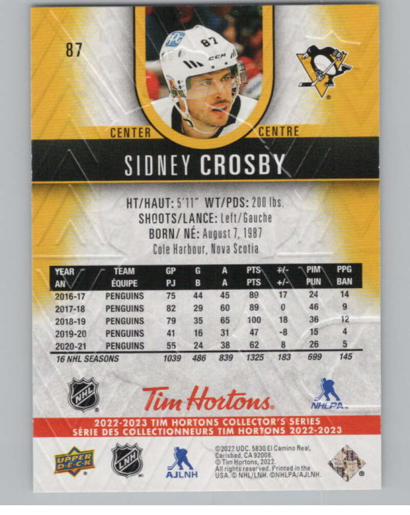 2022-23 Upper Deck Tim Hortons #87 Sidney Crosby  Pittsburgh Penguins  V100127 Image 2