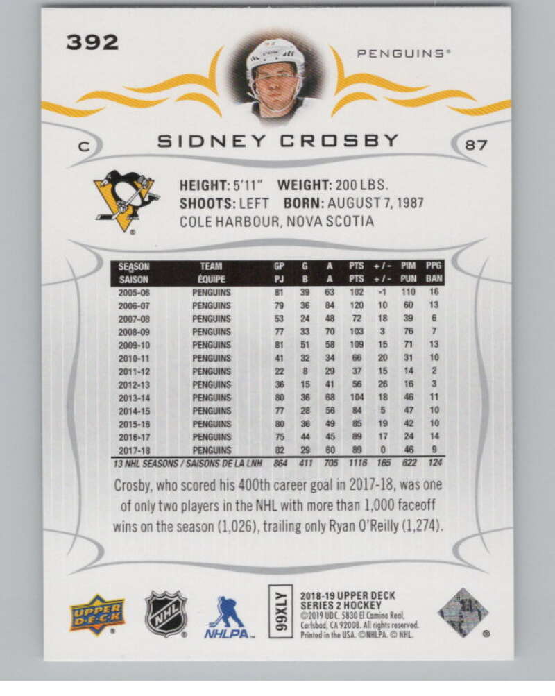 2018-19 Upper Deck #392 Sidney Crosby  Pittsburgh Penguins  V100128 Image 2