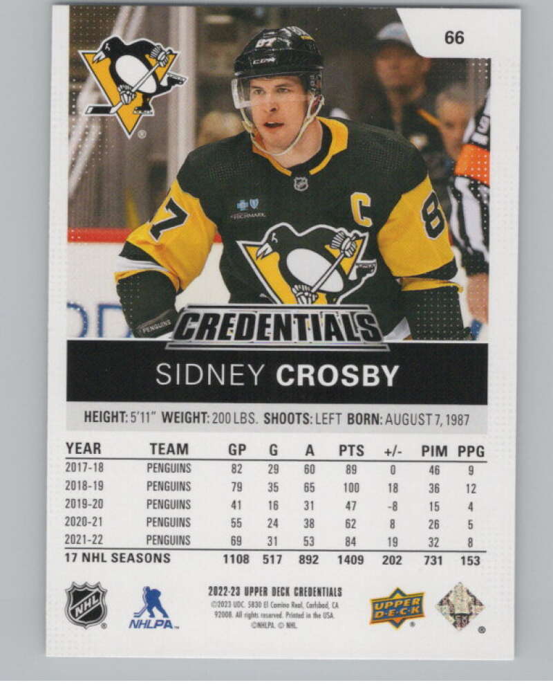 2022-23 Upper Deck Credentials #66 Sidney Crosby  Pittsburgh Penguins  V100129 Image 2