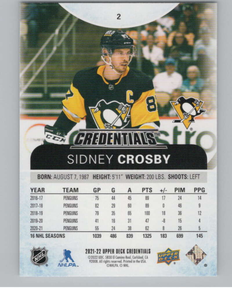 2021-22 Upper Deck Credentials #2 Sidney Crosby  Pittsburgh Penguins  V100131 Image 2