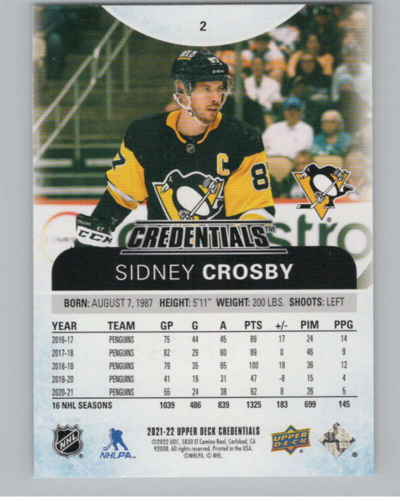 2021-22 Upper Deck Credentials #2 Sidney Crosby  Pittsburgh Penguins  V100135 Image 2