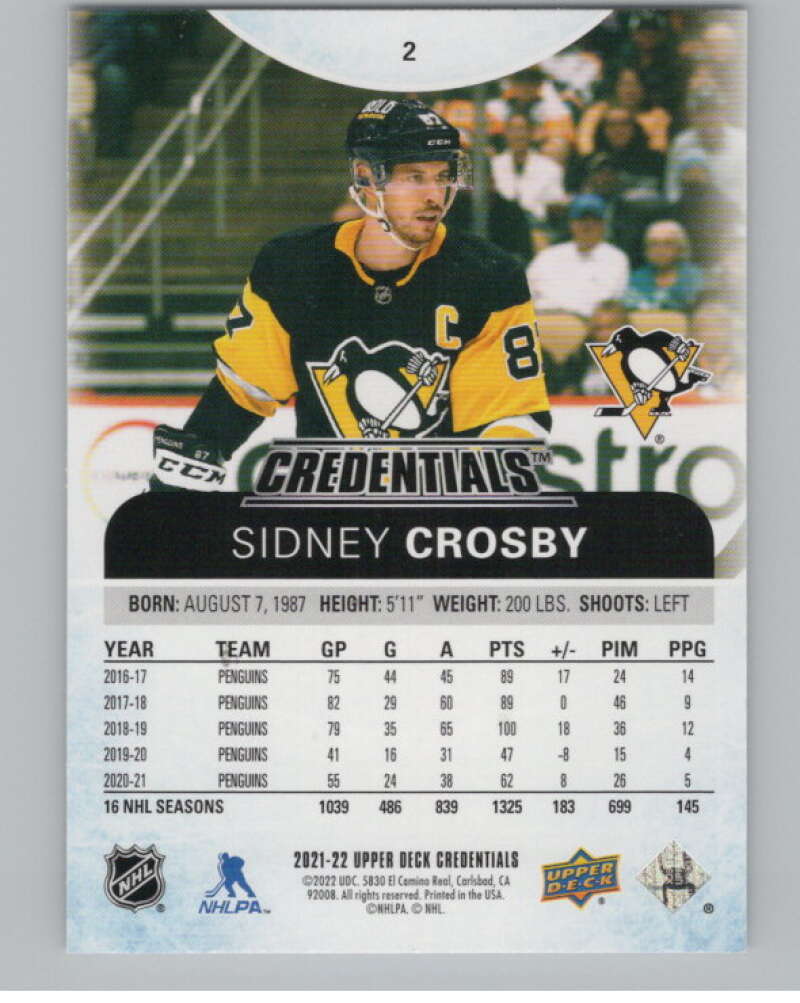 2021-22 Upper Deck Credentials #2 Sidney Crosby  Pittsburgh Penguins  V100136 Image 2