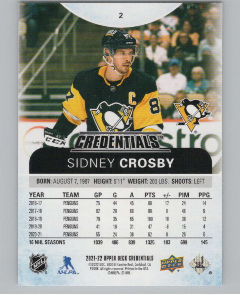 2021-22 Upper Deck Credentials #2 Sidney Crosby  Pittsburgh Penguins  V100140 Image 2