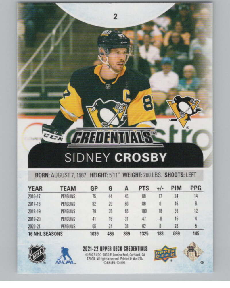 2021-22 Upper Deck Credentials #2 Sidney Crosby  Pittsburgh Penguins  V100141 Image 2