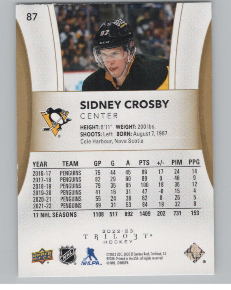 2022-23 Upper Deck Trilogy #87 Sidney Crosby  Pittsburgh Penguins  V100142 Image 2