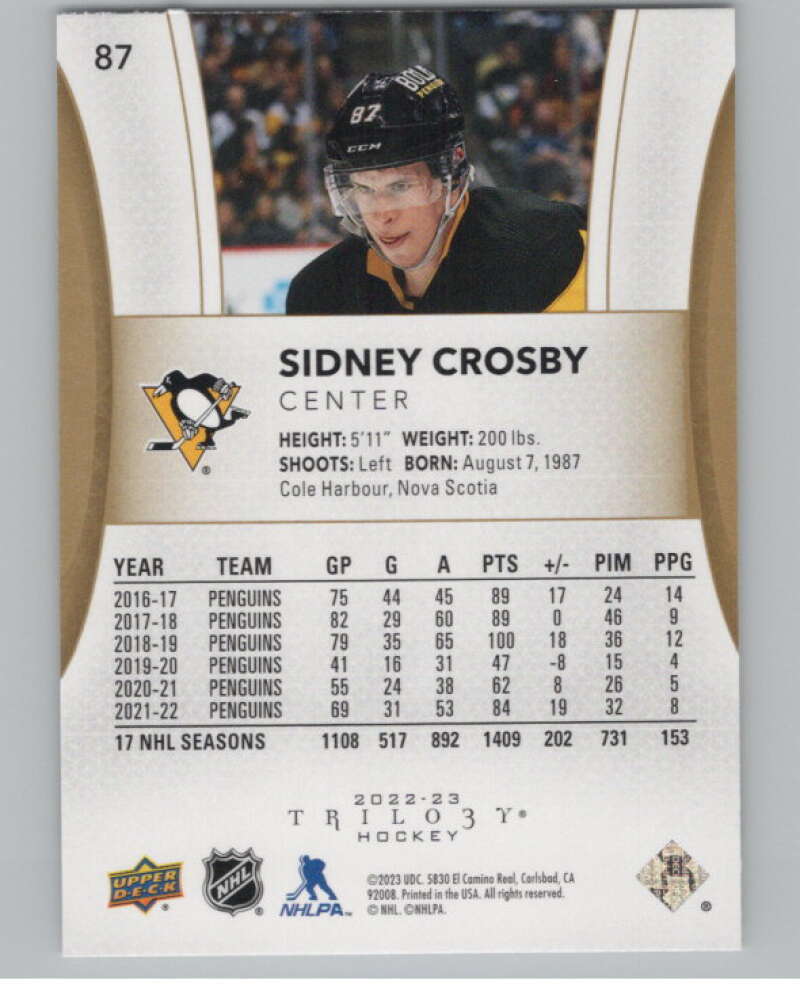 2022-23 Upper Deck Trilogy #87 Sidney Crosby  Pittsburgh Penguins  V100143 Image 2