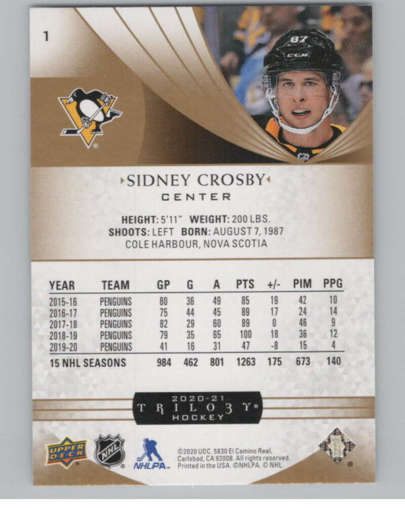 2020-21 Upper Deck Trilogy #1 Sidney Crosby  Pittsburgh Penguins  V100148 Image 2